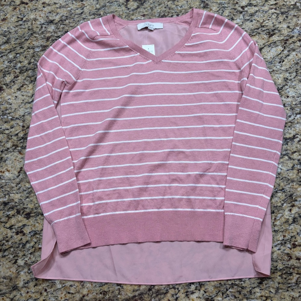 NEW LOFT Pink White Striped V-Neck Mixed Media Layered Hem Sweater S ws